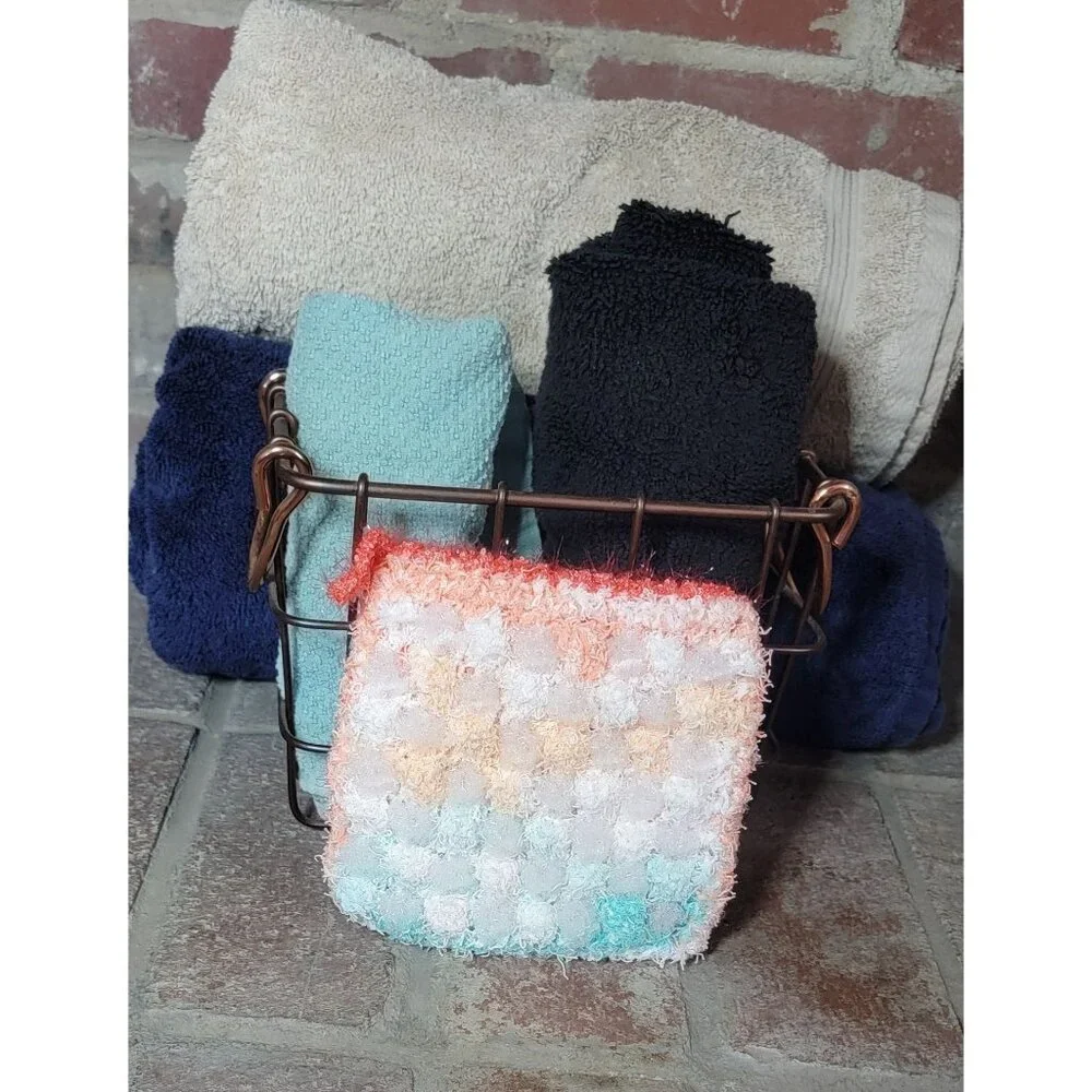 Sea foam green and coral shower scrubby